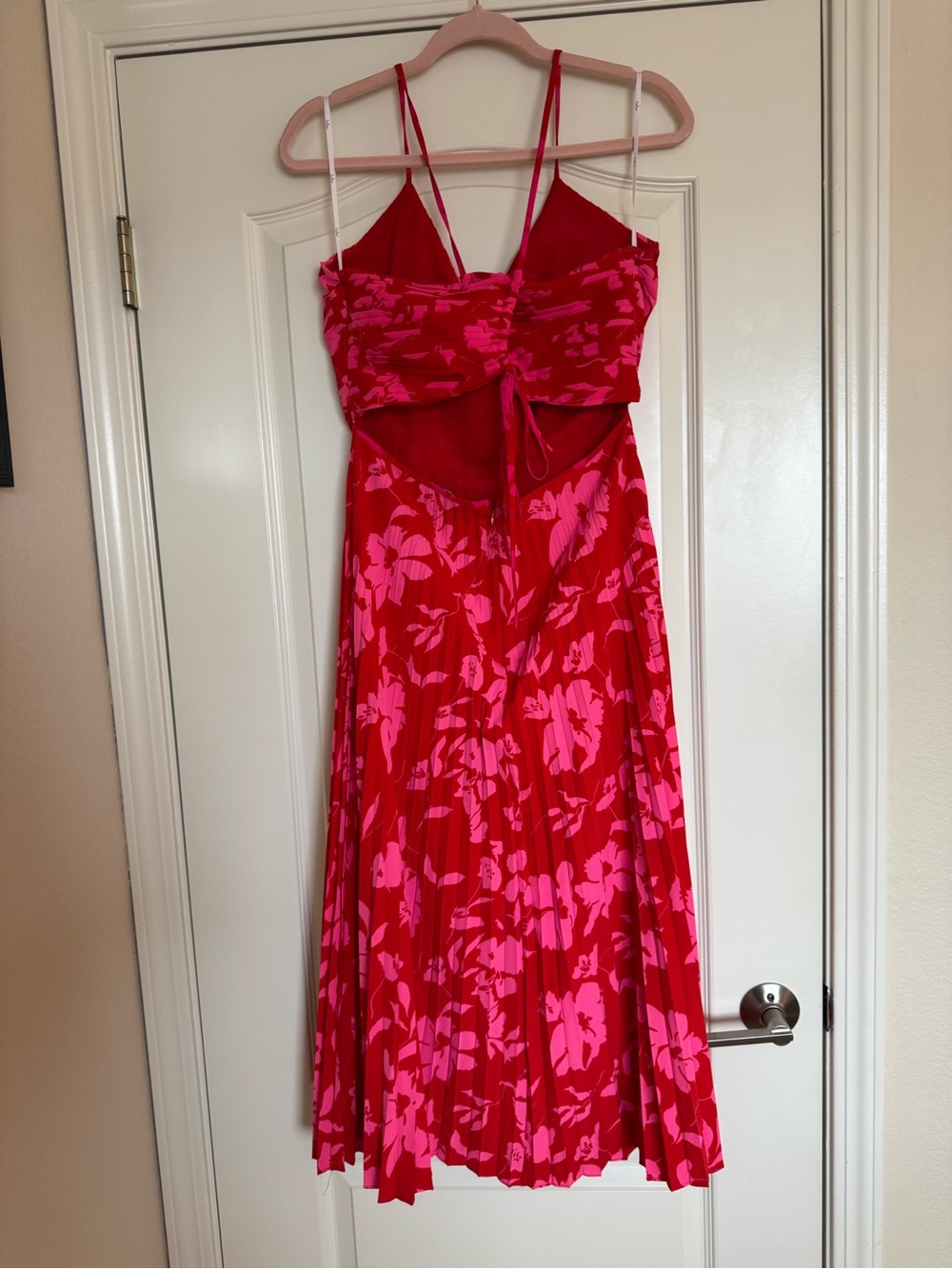 Lulu's Red and Pink Floral Pleated Midi Dress - Picture 4 of 5